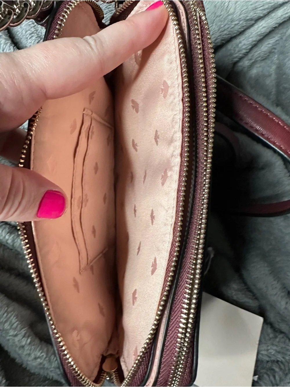 kate spade pink and burgundy dog appliqué crossbody